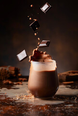 Pieces of dark chocolate fall into a glass of cocoa drink.