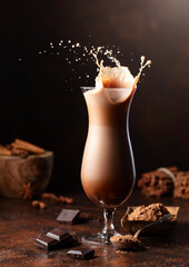 Piece of dark chocolate fall into a glass of cocoa drink.