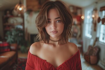 Woman in red sweater posing in cozy interior
