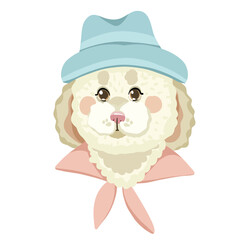 cartoon vector fashionable multi poodle in a hat, portrait of a dog on a white background