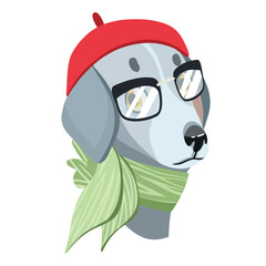 cartoon vector fashion weimaraner in a hat, portrait of a dog on a white background