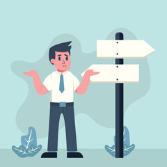 The vector image of a businessman standing beside a directional arrow sign, depicting confusion in making business decisions
