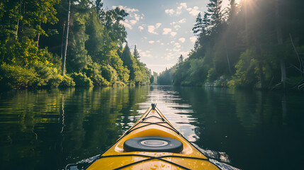 A peaceful kayak journey down a gentle river flanked by dense forests and under a bright summer sky.