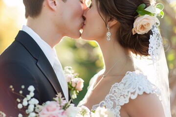 Extreme close-up of a bride and groom sharing a kiss, their faces aglow with happiness and love, bathed in sunlight, representing the pinnacle of marital bliss and unity 02 - obrazy, fototapety, plakaty