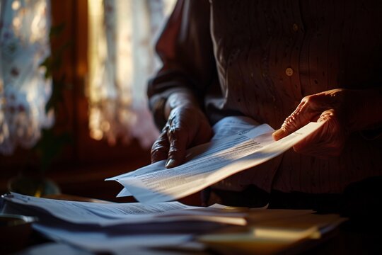 Detailed shot of hands clenching divorce papers, lit harshly, illustrating the finality of the act. The angle accentuates tension and resignation 02
