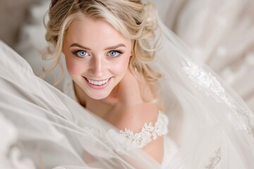 Detailed shot of a blonde bride's blue eyes sparkling with happiness as she twirls in her wedding...