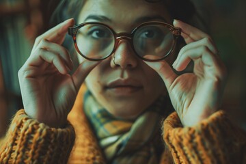 Woman trying on glasses with a touch of nostalgia. Use muted colors and soft lighting to evoke a vintage vibe - obrazy, fototapety, plakaty