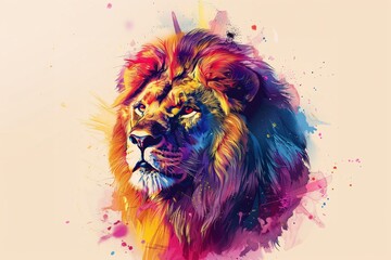 Colorful illustration featuring a majestic lion drawn with pencils