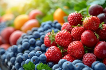 A colorful display of various fresh berries, such as strawberries, blueberries, and cherries, basking in soft light
