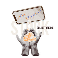 Minimalist collage with hands holding profit cash. Online trading banner. Digital finance business data graph showing technology of investment strategy for perceptive fintech decision. Vector