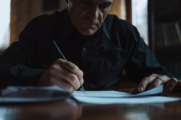 Close-up of a man's strained expression as he signs divorce papers, under diffused lighting, symbolizing his resignation 02 - obrazy, fototapety, plakaty