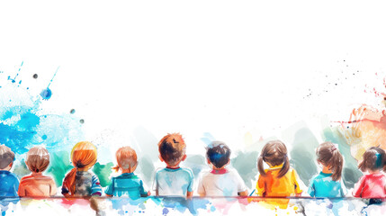 Banner, poster, children's drawing with colored pencils: schoolchildren, students sitting at the table, white background. Learning, children's education concept.