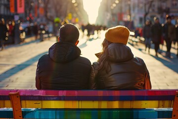 Close-up of a couple sitting on a brightly colored bench in a bustling city square, illuminated by...