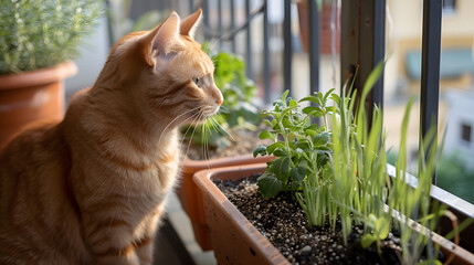 A pet-friendly balcony herb garden with safe herbs like catnip and wheatgrass easily accessible for furry friends. - obrazy, fototapety, plakaty