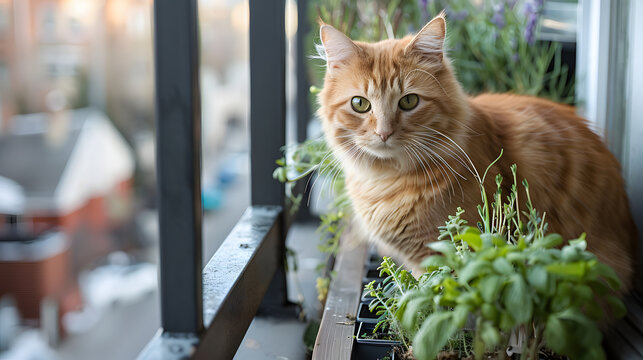 A pet-friendly balcony herb garden with safe herbs like catnip and wheatgrass easily accessible for furry friends.