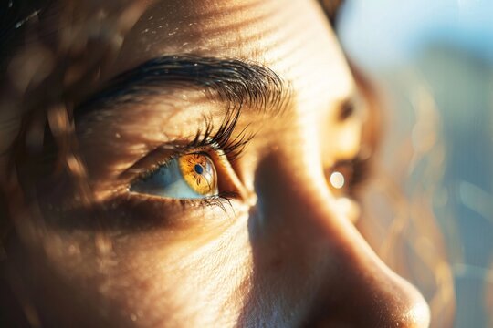 Close-up of a person's eyes, reflecting different ethnicities, gazing into the distance, as sunlight streams through a window, representing the inner turmoil of divorce 02
