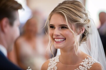 Fototapeta premium Close-up of a blonde bride's beaming smile, her eyes shining with tears of happiness, as she walks down the aisle in a white lace gown, radiating bridal charm and elegance 04