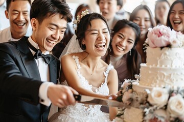 Bright close-up of a bride and groom cutting a wedding cake together, surrounded by cheerful guests, their faces beaming with happiness and excitement.