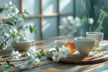 Delicate porcelain teacups, steam rising from jasmine tea. Cherry blossoms frame the scene,...