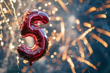 An extravagant helium balloon shaped like the number "5," featuring a holographic finish that catches the light, against a background of sparkling fireworks