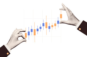 Stock brokers hands keeping track of the Japanese candlestick chart in trendy vintage halftone collage style. Online trading concept. Financial market. Traders and stock brokers. Vector illustration.