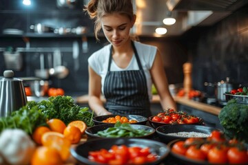 A young woman is engaged in food preparation, surrounded by colorful fresh vegetables in a modern kitchen
