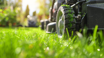 Cutting the lawn using the lawnmower, low perspective view.  - obrazy, fototapety, plakaty