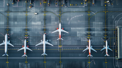 An overhead view of many large passenger planes stuck on the tarmac of a large international airport - obrazy, fototapety, plakaty