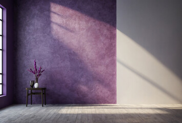 room with a window and a lamp, purple and white wall, modern minimalism with copy space, wooden floor