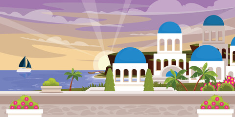Vector illustration of the amazing summer landscape of Santorini.Cartoon scene of Santorini islands with white buildings and blue roofs, palm trees, bushes, sea, ship with sails, boats near the shore.