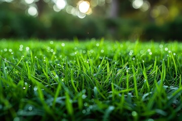 Morning dew glistens on blades of vibrant green grass, evoking a sense of new beginnings at dawn's light