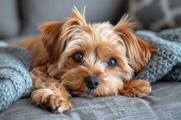 A small, adorable Yorkie dog rests on a couch with a soulful expression and soft lighting - obrazy, fototapety, plakaty