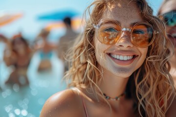 Fototapeta na wymiar Young woman with a cheerful smile wearing sunglasses, exuding joy and summer vibes at beach