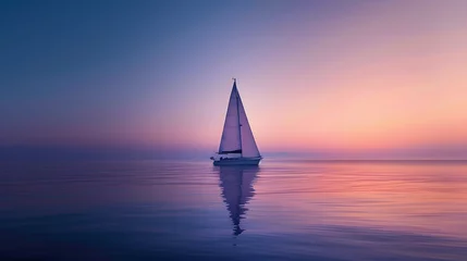 A peaceful sail at dusk with a sailboat gliding over calm waters under a gradient sky. © Finn