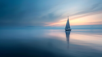 Obraz premium A peaceful sail at dusk with a sailboat gliding over calm waters under a gradient sky.