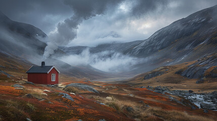 Amidst the remote gorge of central Norway, a single small red cabin stands alone, its tiny chimney billowing smoke into the crisp autumn air. - obrazy, fototapety, plakaty