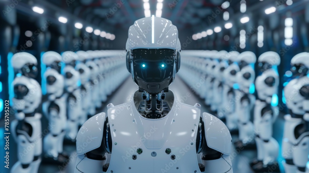 Poster Robot Standing Among Rows of White Robots