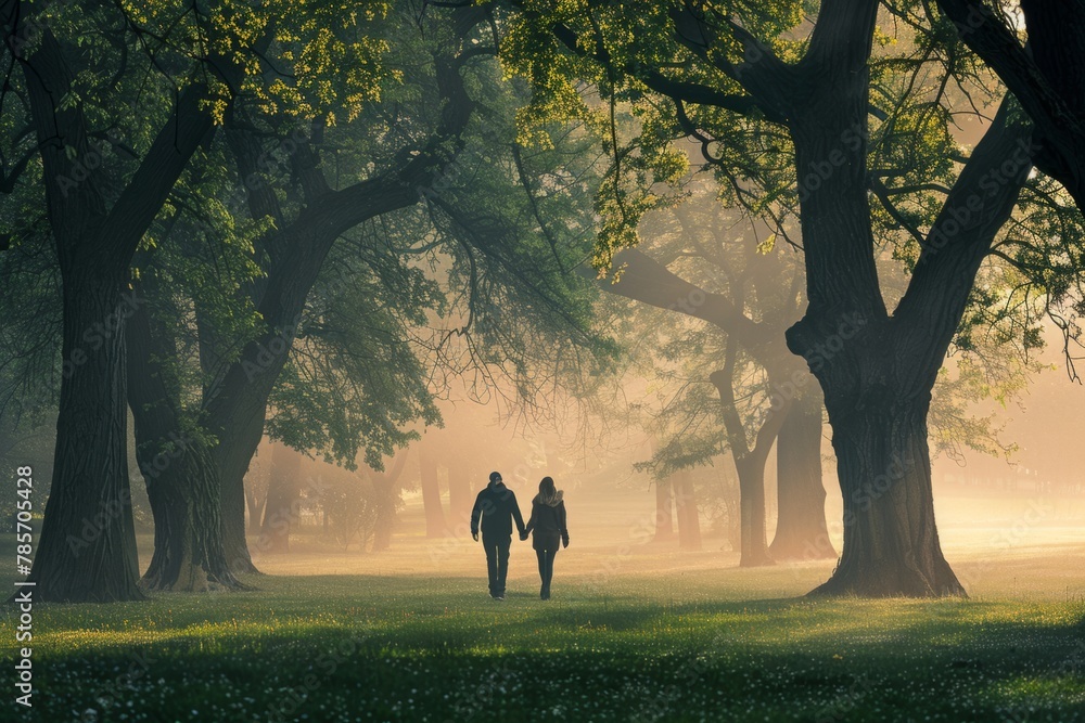 Wall mural two people holding hands, walking through the misty park at dawn, with large trees on either sides and green grass under their feet Generative AI