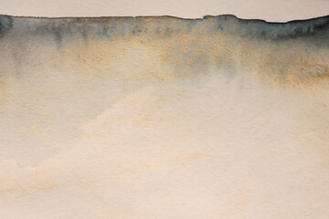 Black, Beige, gold glitter ink watercolor smoke flow stain blot on wet paper grain texture background. - 785705437