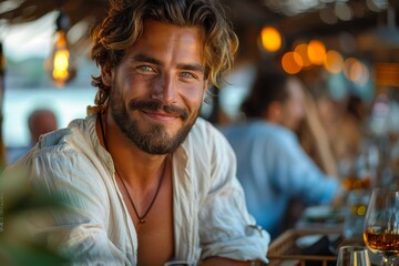 A handsome man with tousled hair and a friendly smile sits at a dining table, exhibiting a relaxed, social aura in an outdoor setting - obrazy, fototapety, plakaty