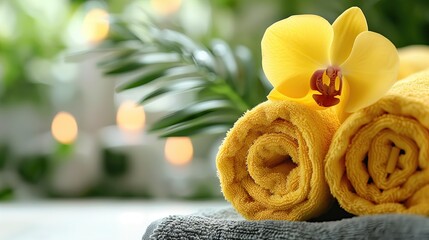 Obraz na płótnie Canvas Yellow orchid adorns towel stack, adding a touch of floral beauty
