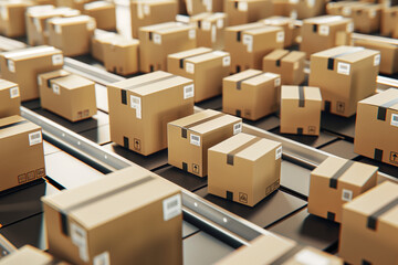 Numerous Cardboard Boxes on Conveyor Belts in Warehouse