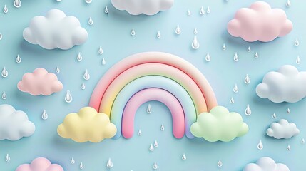 3d pastel rainbow and clouds with raindrops pattern
