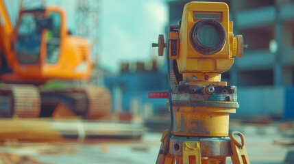 A close-up view captures the precision of technology equipment used for measurement at a construction site. In focus is the robotic total station, - obrazy, fototapety, plakaty