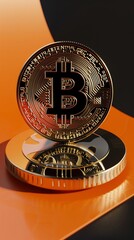 3D rendering of the bitcoin logo on an orange and black background The coin is placed on top of another gold circular object, with reflections visible around it In front of them lies a small metal pla - obrazy, fototapety, plakaty