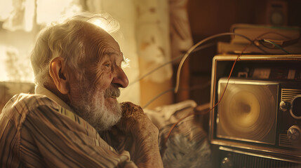 A senior quietly listening to a vintage radio smiling at familiar tunes from youth.