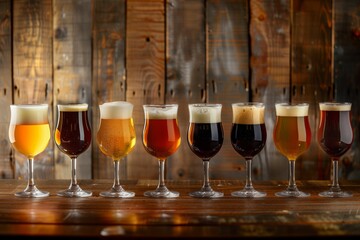 Variety of beers in glasses on wooden backdrop