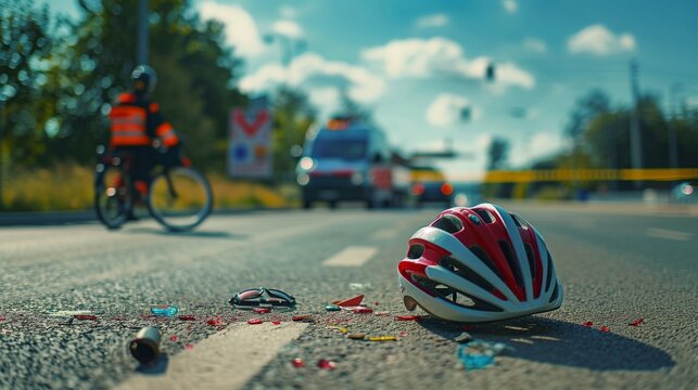 A chaotic scene of a bicycle accident on a busy urban street, with a crumpled bike lying on the road, emergency services attending to the incident, and an ambulance parked nearby ready to assist.