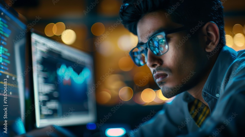 Poster young man coding on computer at night