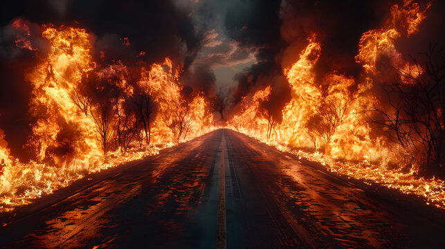Blazing flames and road on fire over black background.